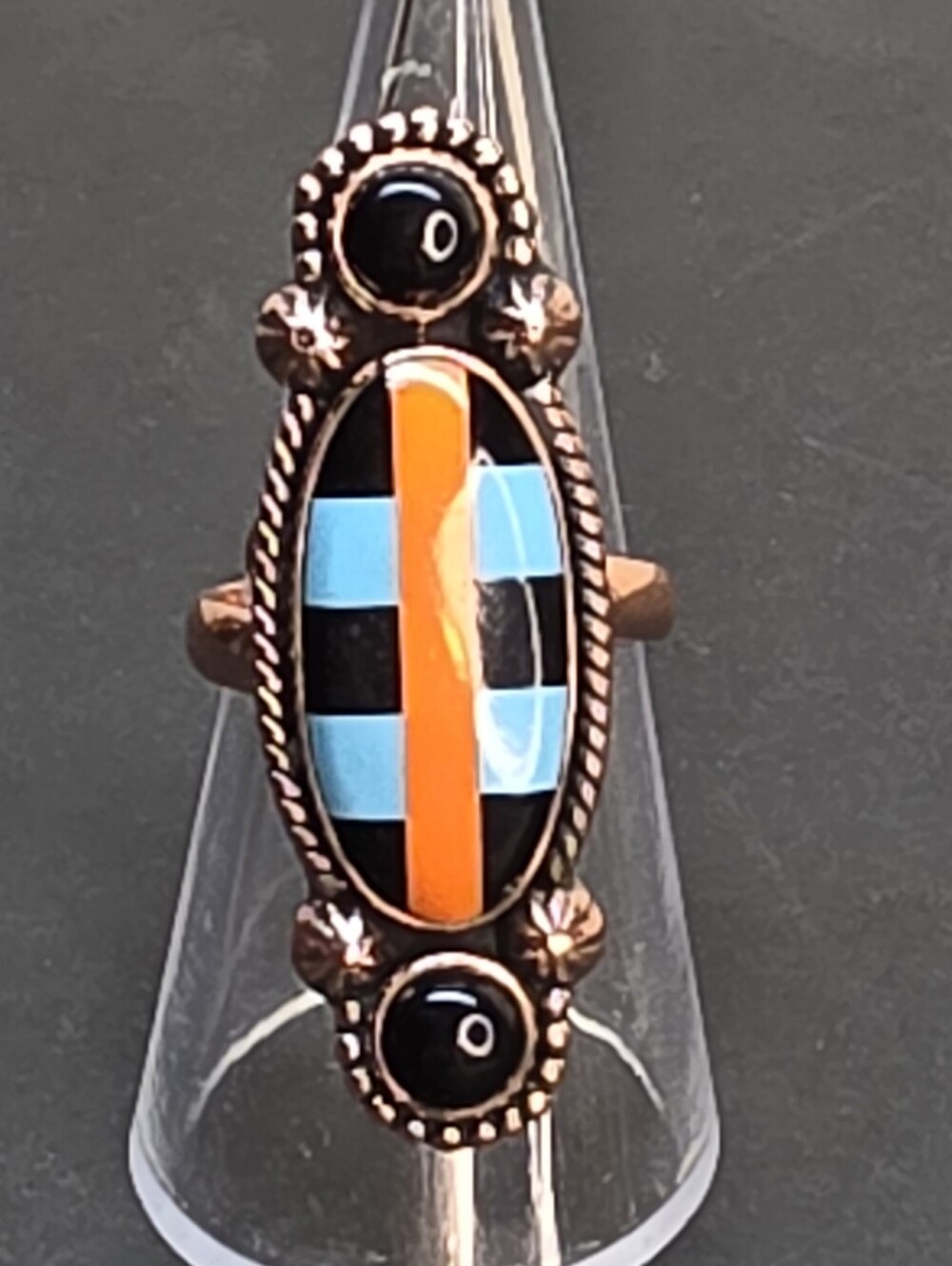 Southwestern Mosaic Inlay Adjustable Ring Black Onyx Copper Tone